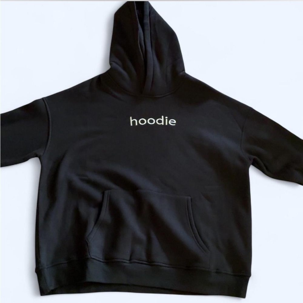 Black sweatshirt with ‘hoodie’ embroidered in white